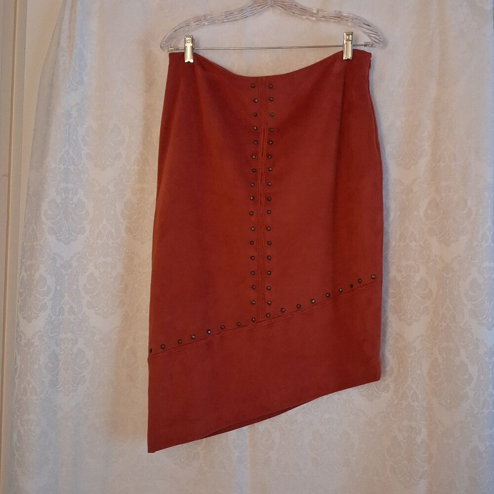 Soft Faux-Suede Asymmetrically-hemmed Fully-lined Skirt with Bronze Metal Studs